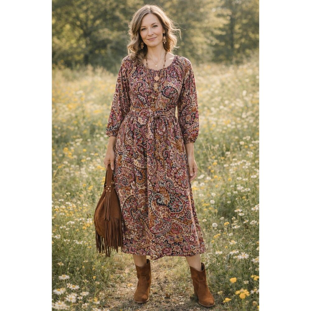 Vintage 1980s Paisley Midi Dress Boho Floral Long Sleeve Back Sash Tie - Picture 1 of 10